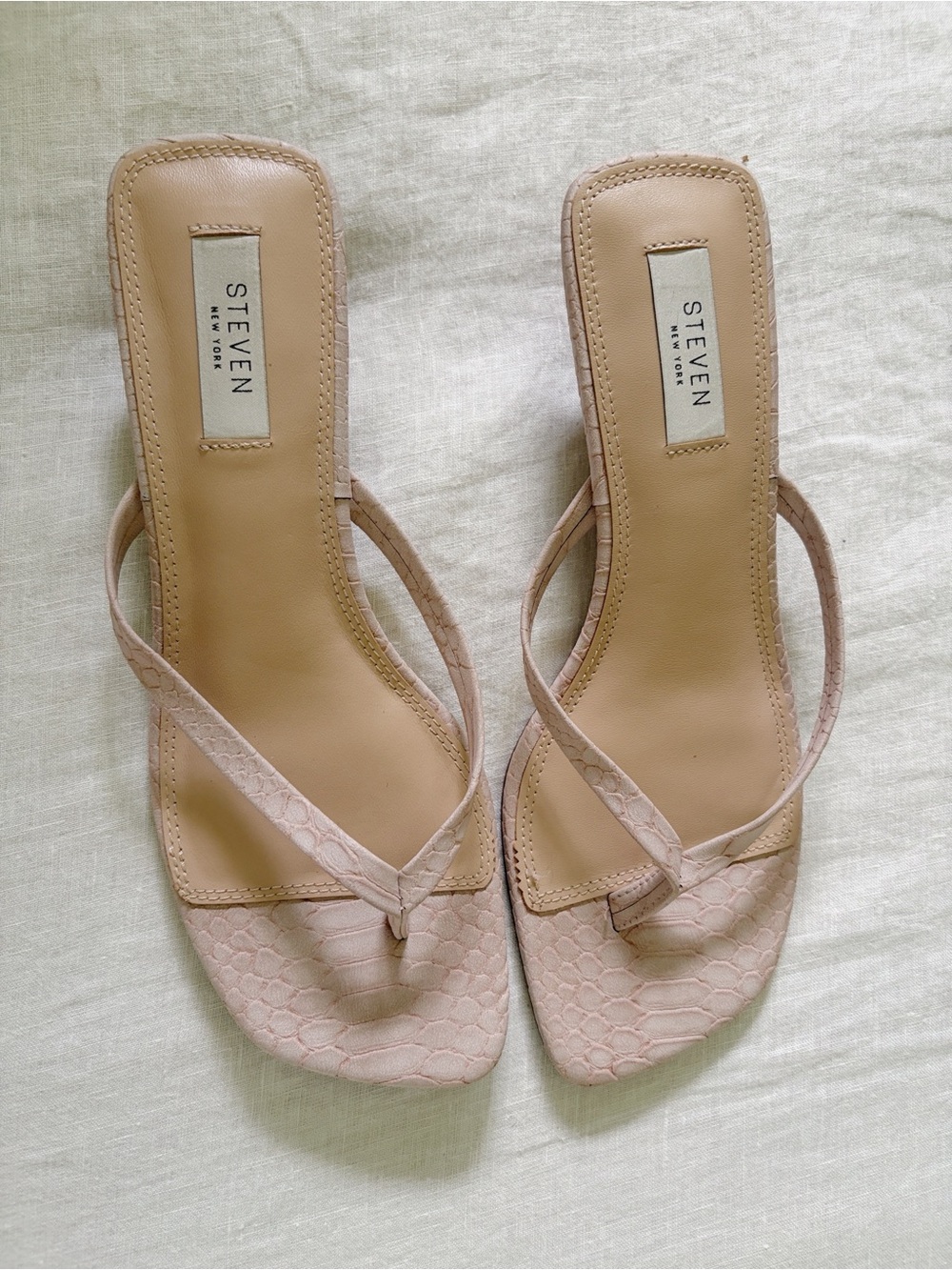 Steven Nude Pink Tavin Square Toe Reptile Embossed Kitten Heel Sandal Sz 9